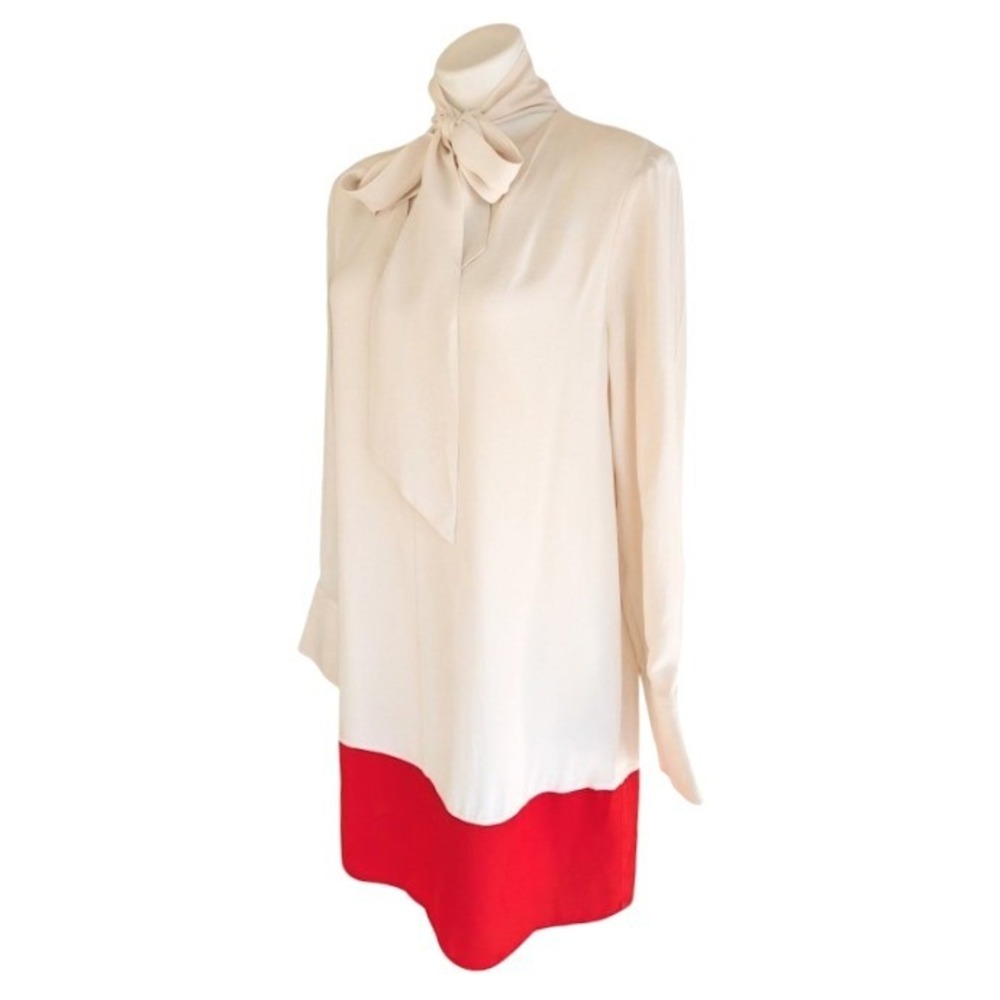 Reiss Marta Colorblock Pussybow Dress Cream Red Tie Neck Long Sleeve Size 6 - Picture 3 of 10
